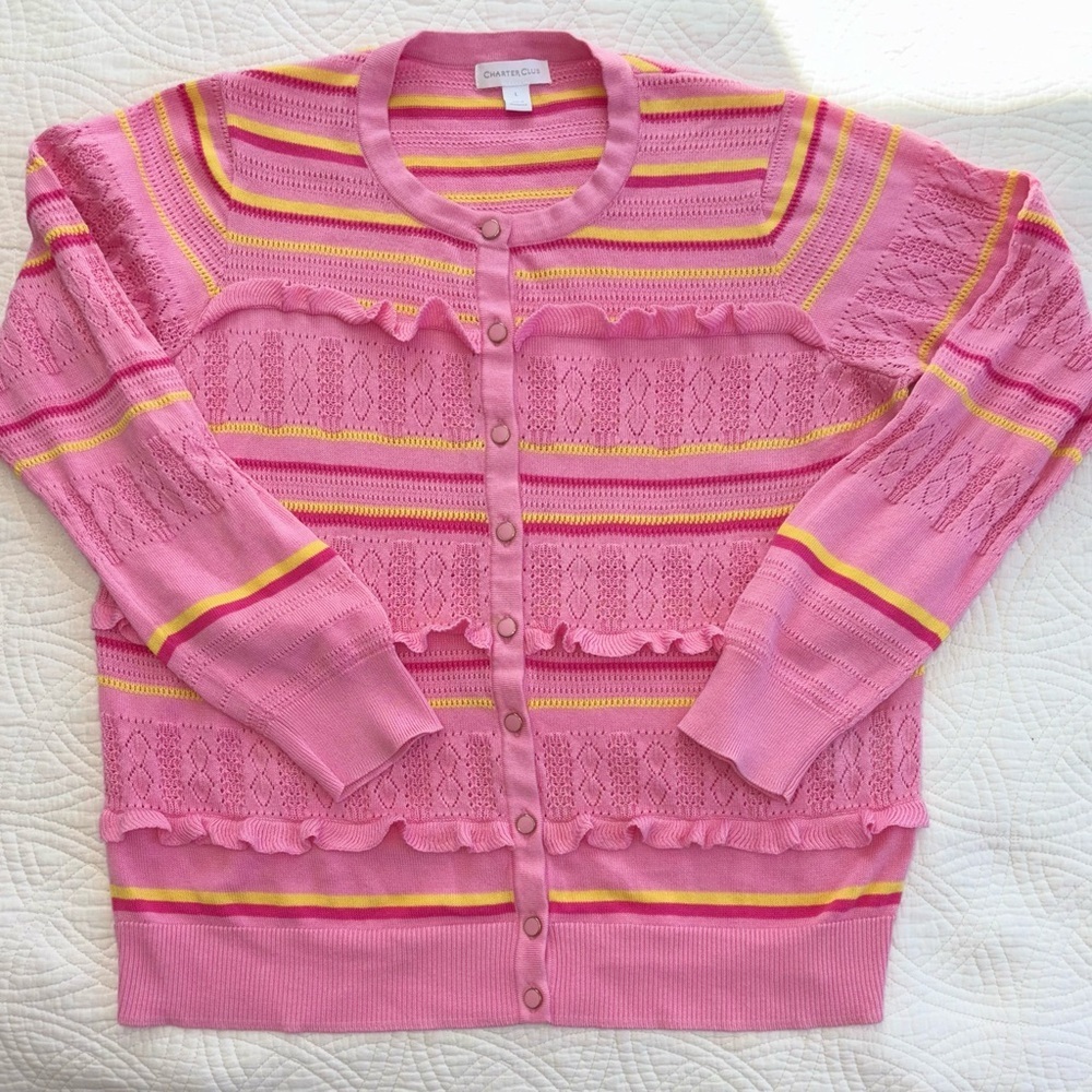 Ruffle Striped Pink and Yellow Cardigan Large Charter Club - Picture 3 of 10